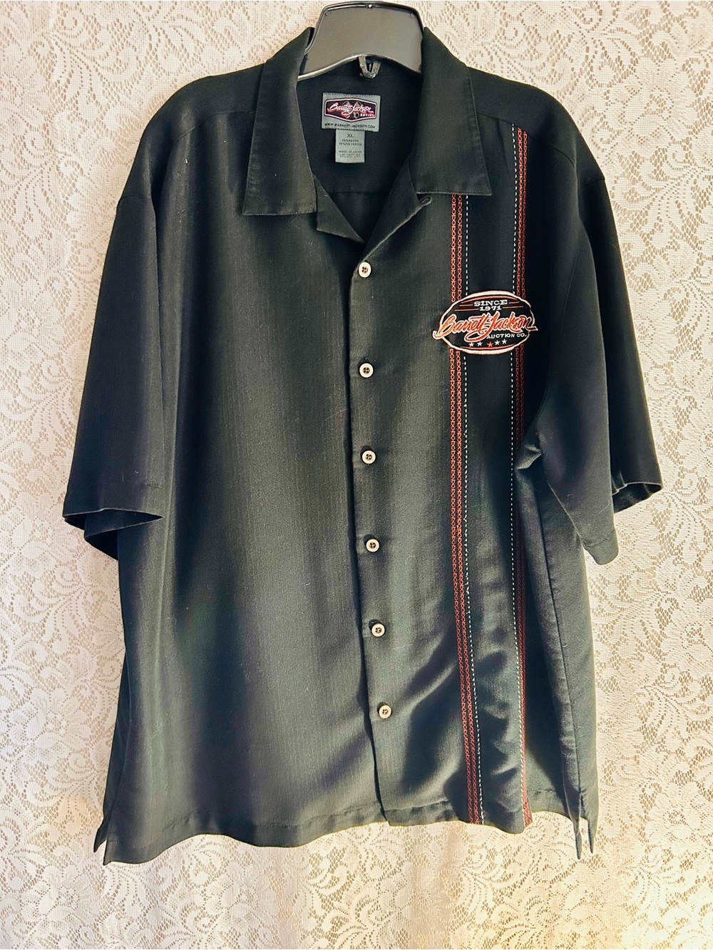 Barrett Jackson Auction Co Camp Shirt XL Black Embroidered Bowling Button Up